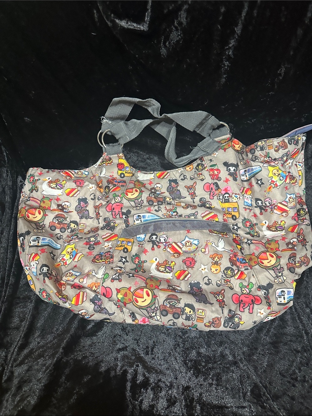 tokidoki by lesport Gray Canvas Travel Tote with Colorful Cartoon Print